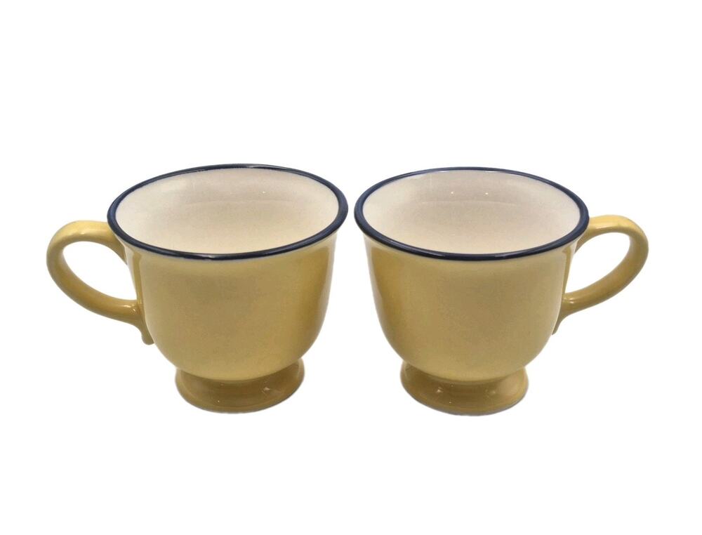 Two Gibson Everyday Cheery Yellow Footed Ceramic Mugs Black Rim 11oz Capacity